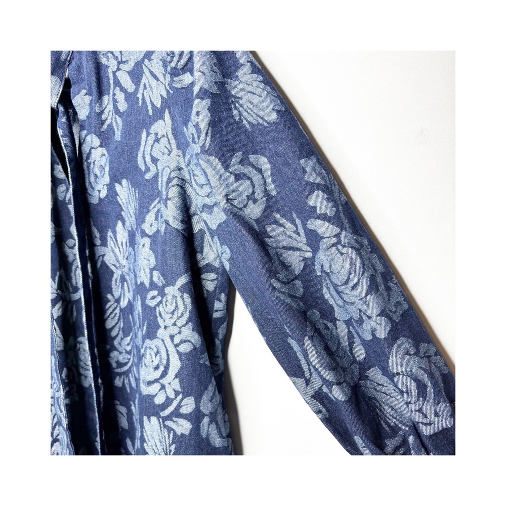 Flying Tomato Denim Mini Dress Size M Floral Print Balloon Sleeve Tie Neck - Picture 4 of 11